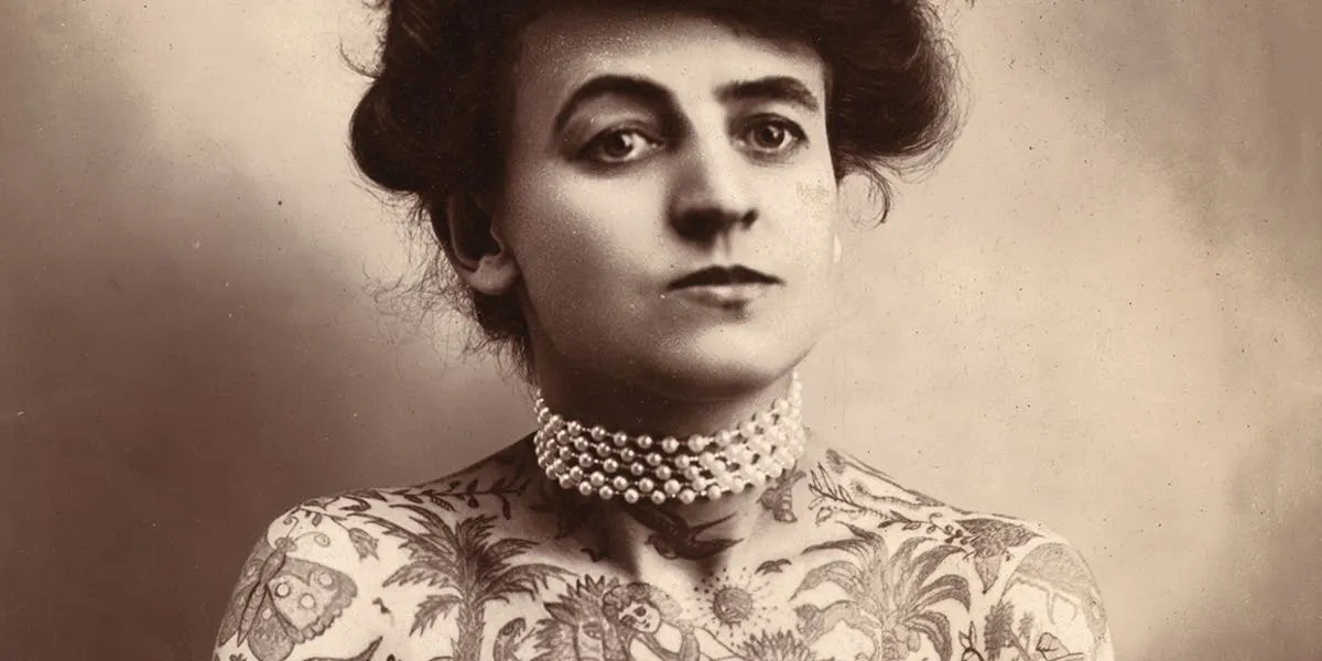 Maud Stevens Wagner, Trapezkünstlerin und Amerikas erste Tätowiererin, um 1907, Foto CCØ (Detail)