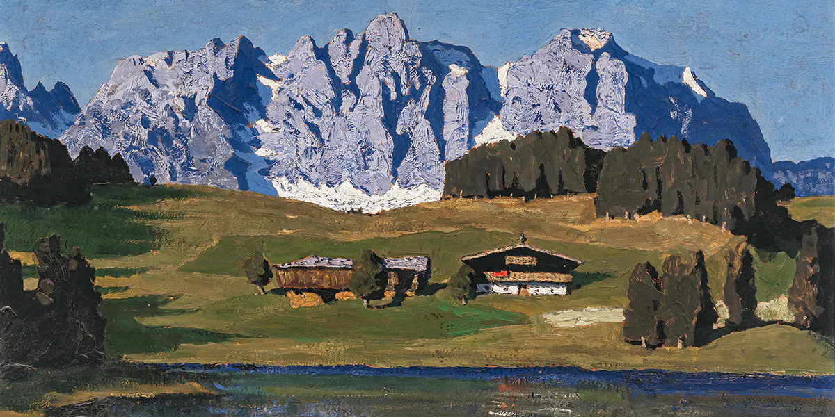 Alfons Walde (1891 Oberndorf - 1958 Kitzbühel), Schwarzsee bei Kitzbühel, 1933, signiert, Öl/Karton, 42,8 x 68,2 cm, gerahmt. Foto © Neumeister (Detail)