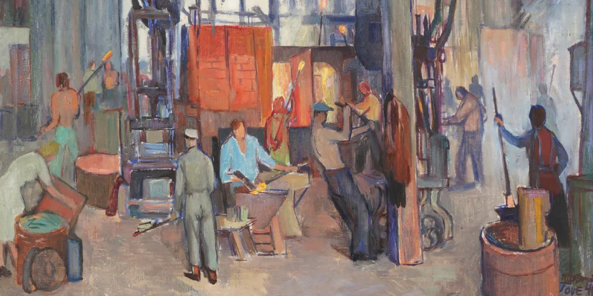 Tove Jansson (1914-2001), "Glasfabriken i Riihimäki", 1940, signiert,  62 x 78 cm, mit Rahmen 69 x 85 cm. Foto © Helander Auktioner (Detail)