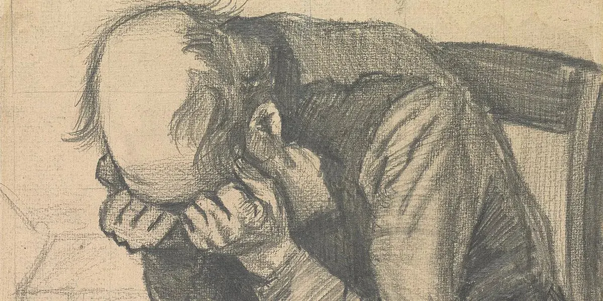 Vincent van Gogh (1853-1890), Worn out, 1882, pencil on paper, 50.4 x 31.6 cm, Van Gogh Museum, Amsterdam. Drawing known to experts, whose composition is very similar but more elaborate than that of the unpublished sketch. Public domain photo (detail)