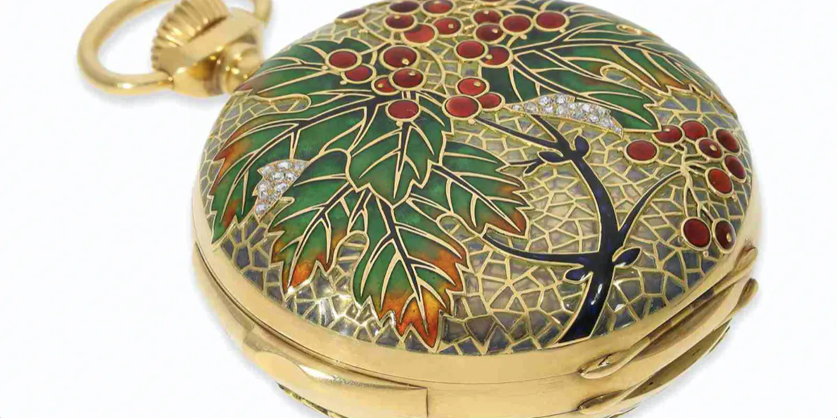 Vermutlich unikate, bedeutende Jugendstil-Taschenuhr mit Gold-/Emaille-Gehäuse im Stil von Lucien Gautrait und Georges Fouquet, 8 Komplikationen, Le Coultre No.4040, Weltausstellung Paris 1900. Fotos © Cortrie (Detail)