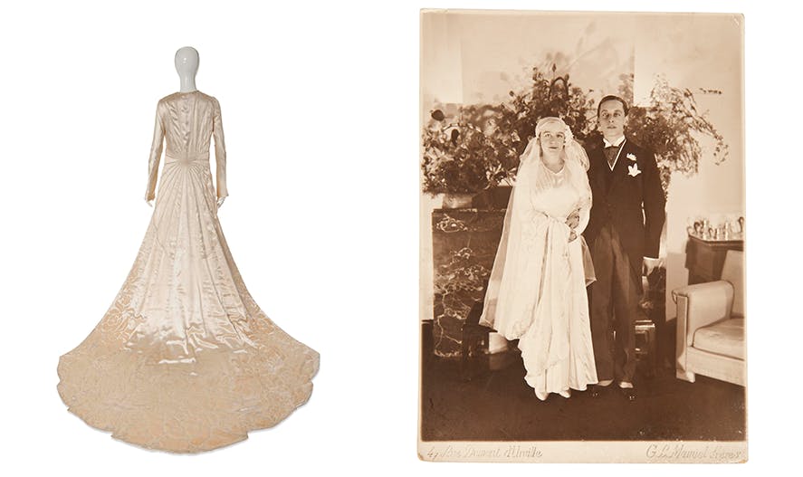 Vänster: brudklänning med släp av Chanel, 1930. Foto © Christie's. Höger: María de las Mercedes Dose y Obligado och Alexander von Dietrichstein på deras bröllopsdag. Foto © Christie's