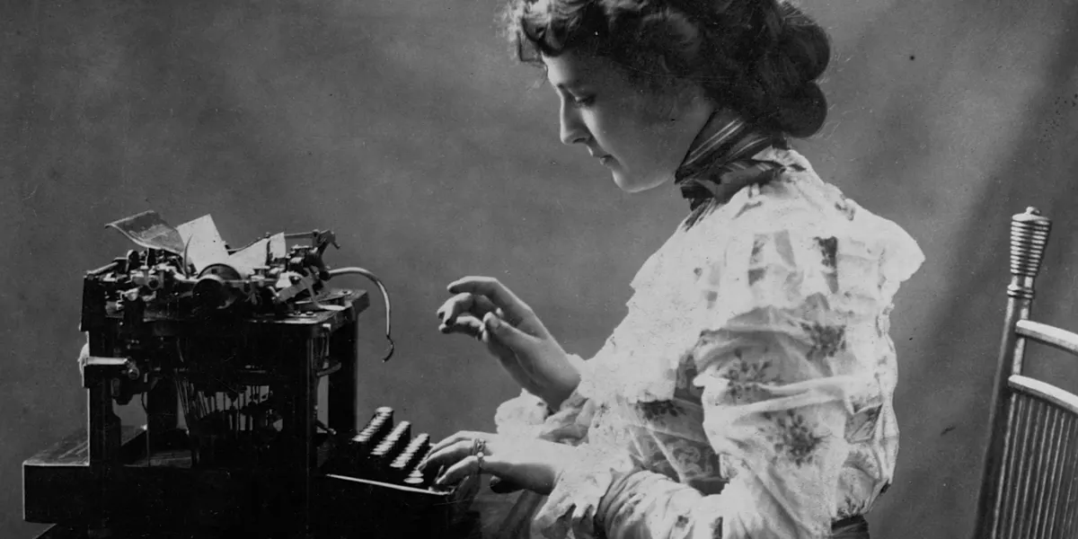A young woman at a typewriter. Photo by Wyck, Seamans & Benedict/Library of Congress/Corbis/VCG via Getty Images (detail)