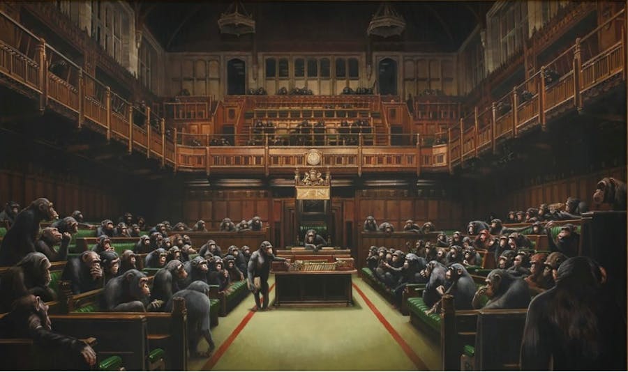Banksy, ‘Devolved Parliament’ (2009), oil on canvas. Photo: Sotheby’s