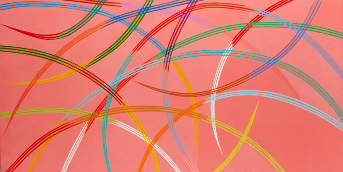 Piero Dorazio, ‘Bisticcio’, 1997, signed, titled and dated verso with inscription ‘per Luisela & Enzo con auguri da todi’, studio stamped on canvas and stretcher, unframed, 32 x 47 in. Photo: Millea Bros