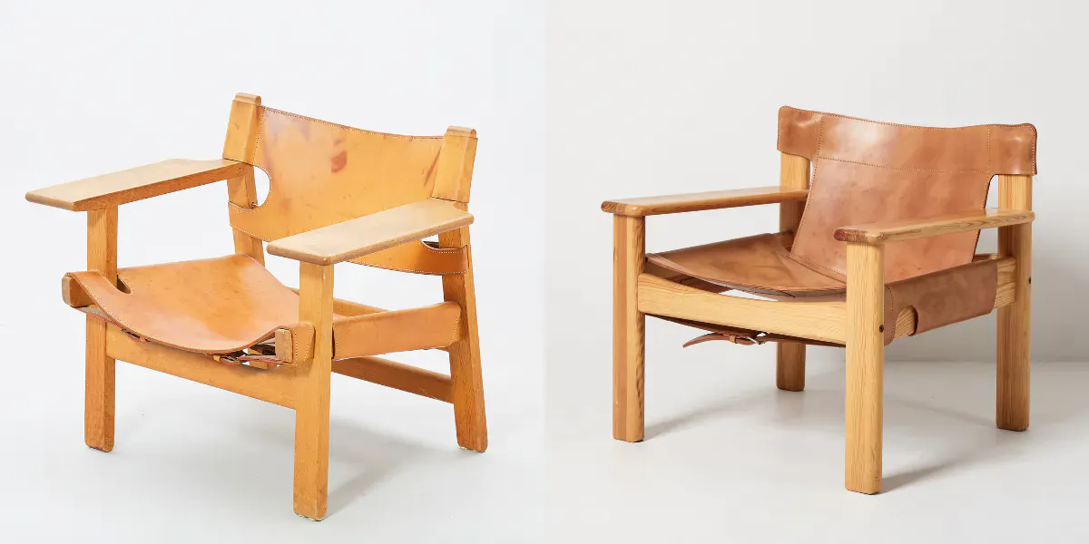 Links: Børge Mogensen, Sessel "Spanish Chair“, Fredericia Stolefabrik. Foto © Uppsala Auktionskammare. Rechts: Karin Mobring, Sessel „Natura“, Ikea. Foto © Stockholms Auktionsverk