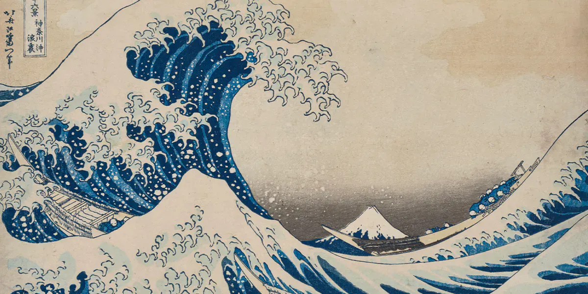 Katsushika Hokusai (1760-1849), "The Great Wave off Kanagawa" from "36 Views of Mount Fuji", color woodcut, horizontal oban (25.1 x 37.1 cm). Image © Christie's (detail)