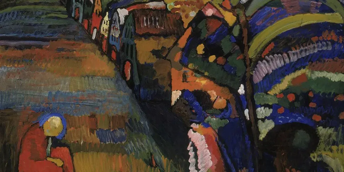 Wassily Kandinsky, Bild mit Hausern (Peinture avec maisons), 1909, huile sur toile, 98 x 133 cm, Stedelijk Museum Amsterdam (détail). Image domaine public