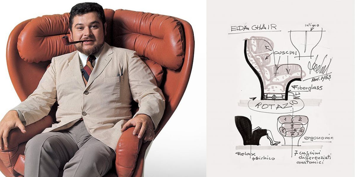 Left: Joe Colombo on his famous ‘Elda’ armchair, which takes its name from the designer's wife. Right: Colombo project, 1963. Photos: Longhi