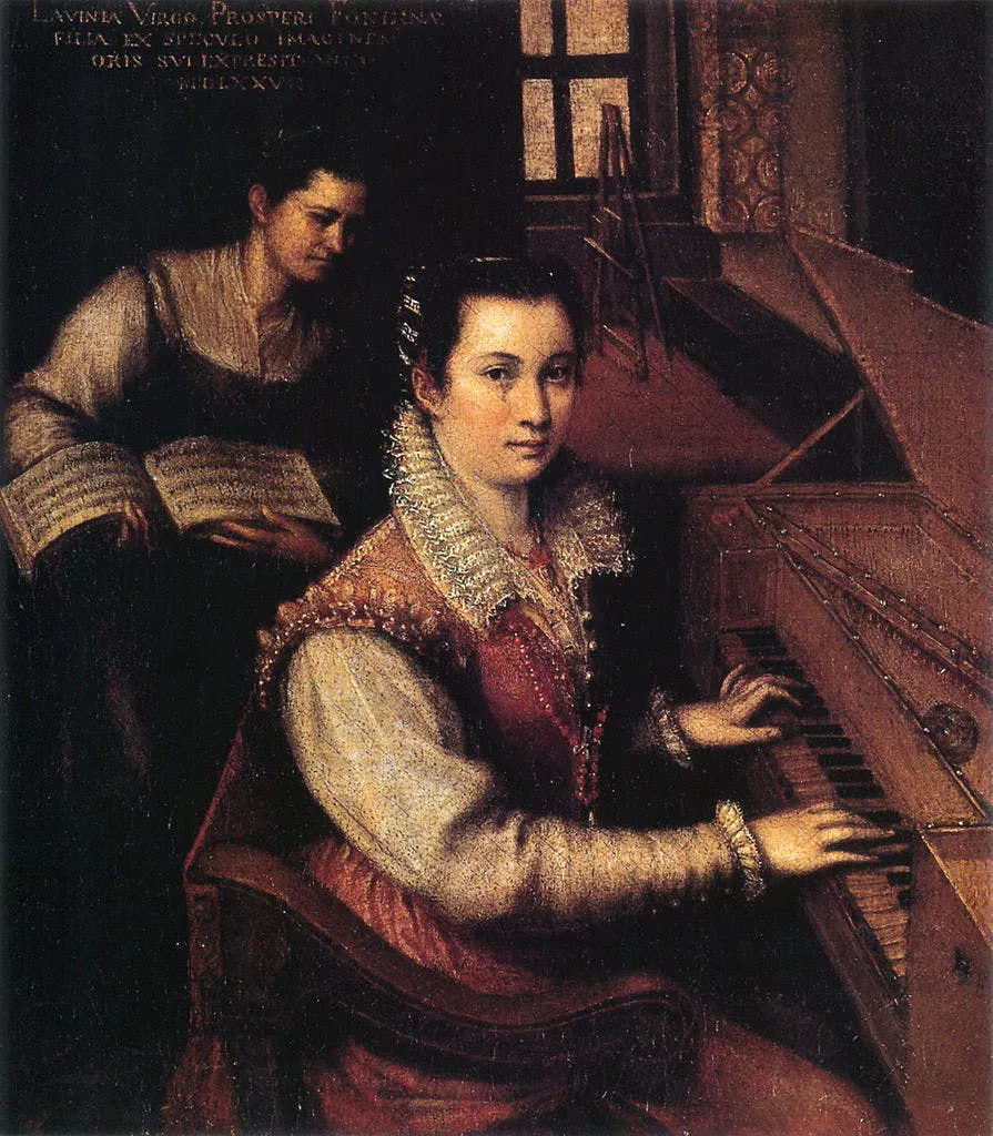 Lavinia Fontana (1552–1614), Selbstporträt am Spinett, 1577, Öl/Lwd., 27 x 24 cm, Accademia di San Luca, Rom. Foto gemeinfrei