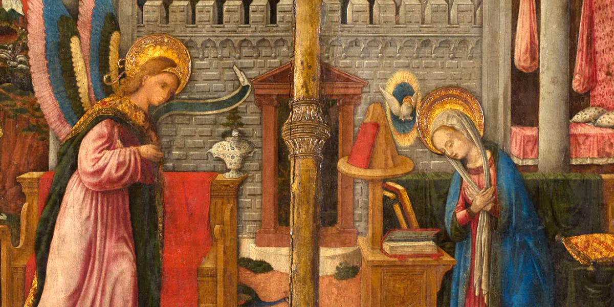 Antonio VivariniI, called Antonio da Murano (Murano, c. 1415-1466/1484, Venice), and Giovanni D'Alemagna (Venice, 1411-1450), ‘The Annunciation’, tempera on wooden panel, c. 1443, 98 x 90 cm [detail]. Photo © Aguttes