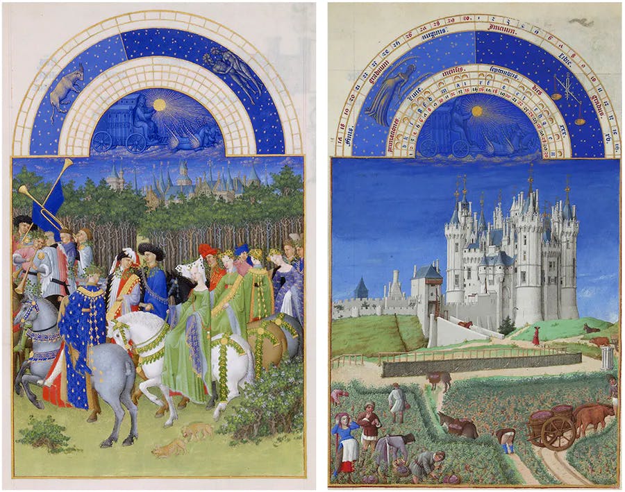 Limbourg brothers, The months of May (left) and September from the Book of Hours of the Duke of Berry (Très Riches Heures), now kept in the Musée Condé at Chantilly Castle. Images public domain