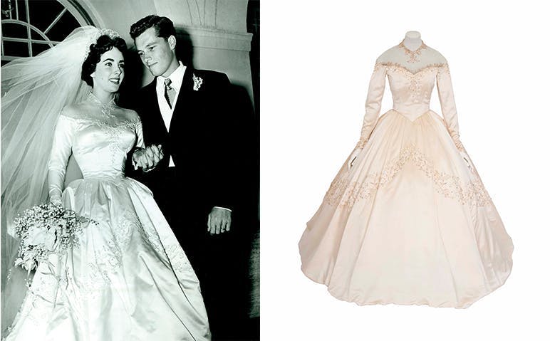 Vänster: Elizabeth Taylor och Conrad 'Nicky' Hilton på deras bröllopsdag 1950. Höger: Elizabeth Taylors första brudklänning från 1950. Foton: © Christie's