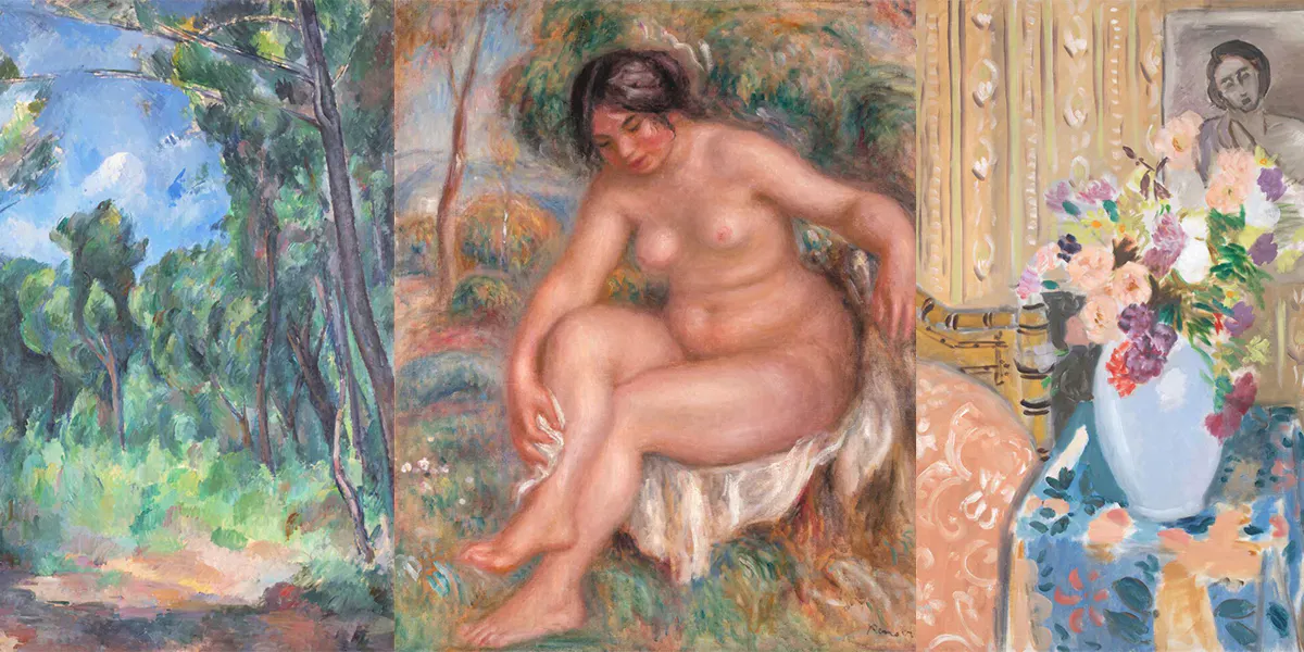 Détails des peintures « Clairière » de Paul Cézanne (vers 1895) ; « Nu s’essuyant » (1912) de Pierre-Auguste Renoir et « Fleurs ou Fleurs devant un portrait » (1923) d'Henri Matisse. Photo © Sotheby's
