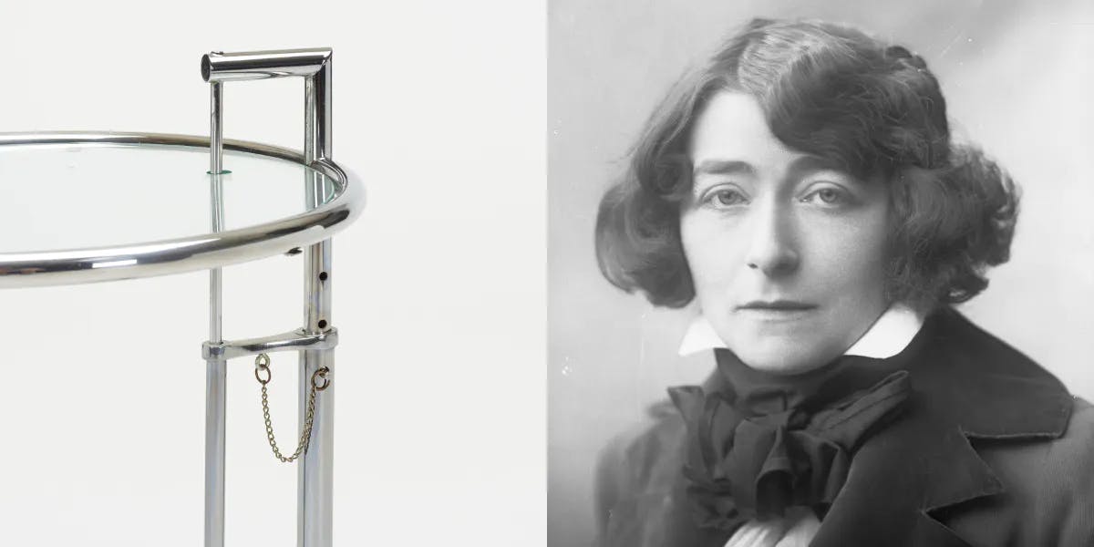 Left: Eileen Gray's side table 'E-1027' in chromed steel and glass. Photo © Wright. Right: Irish architect and designer Eileen Gray (1878-1976), October 23, 1914. Photo by George C. Beresford/Hulton Archive/Getty Images (detail)

