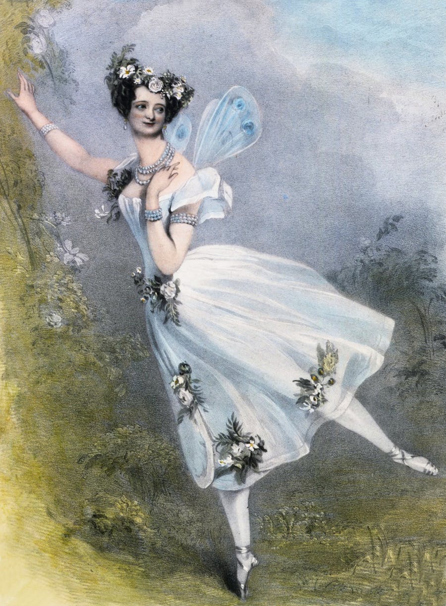 Lithograph by Chalon and Lane of Marie Taglioni as Flora in Didelot's Zéphire et Flore. London, 1831 (Victoria and Albert Museum/Sergeyev Collection). Public domain image