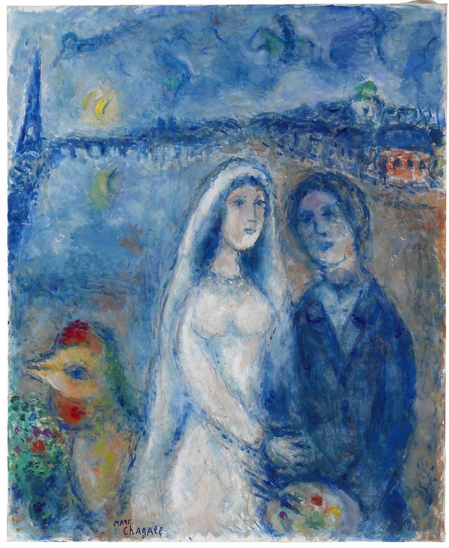 Marc Chagall, The newlyweds with the background of the Eiffel Tower, oil on canvas, 1982-1983. Sold at Bonhams for $620,000 in 2016. Image © Bonhams