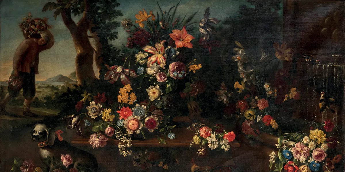 Giovanni Stanchi (Roma, 1608 - 1675), "Giardino con fiori, fontana e figura", olio su tela, 122 x 173 cm. Stima 8.000 – 12.000. Foto © Wannenes (dettaglio)