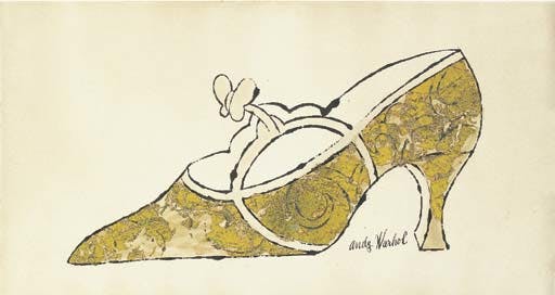Andy Warhol (1928-1987) Shoe signed 'Andy Warhol' (lower right) blotted ink and golden leaf on paper 11¾ x 21 5/8in. (29.7 x 55cm.) Executed circa 1956-57 Sold at Christie's in 2002