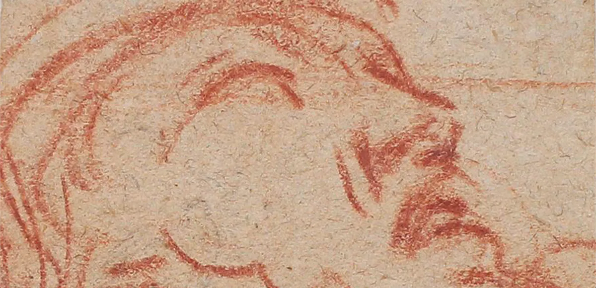 Michelangelo Buonarroti (1475 Caprese - 1564 Rom) zug., Kopf eines bärtigen Mannes in Untersicht mit Blick nach oben, Rötel-Skizze, auf Trägerpapier montiert, 16. Jh.? | Foto: © Kiefer (Detail)