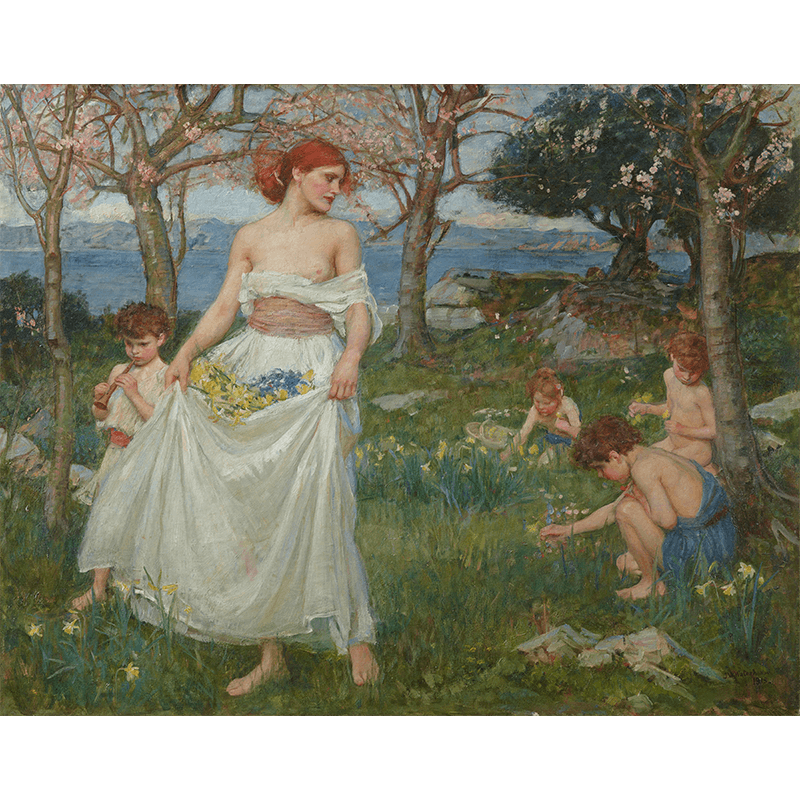 John William Waterhouse (1849-1917), A Song of Springtime, 1913, oil on canvas, 71.5 x 92.4 cm, private collection. Public domain image