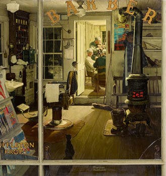 Shuffleton's Barbershop, Norman Rockwell. 1950, oil on canvas. Image: Collection of Lucas Museum of Narrative Art. ©SEPS: Licensed by Curtis Licensing, Indianapolis, IN
