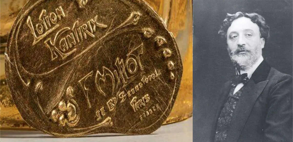 Links: Seltener Jugendstil-Flakon von Hector Guimard für das Millot-Parfüm "Kantirix", 1899 | Foto: © Copages Auction & Associés Detail) || Rechts: Hector Guimard (1867-1942) im Jahr 1907 | Foto via Wikipedia