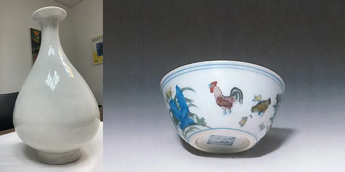 Left: The rediscovered Ming Dynasty vase. Right: The still missing doucai-style bowl. Photos © Metropolitan Police
