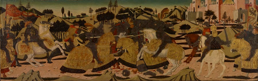 Giovanni di Ser Giovanni Guidi (Lo Scheggia) (1406-1486), ‘Battle Scene’, 1450-75, tempera on panel, 49.5 x 139.4 cm, Getty Museum. Photo public domain