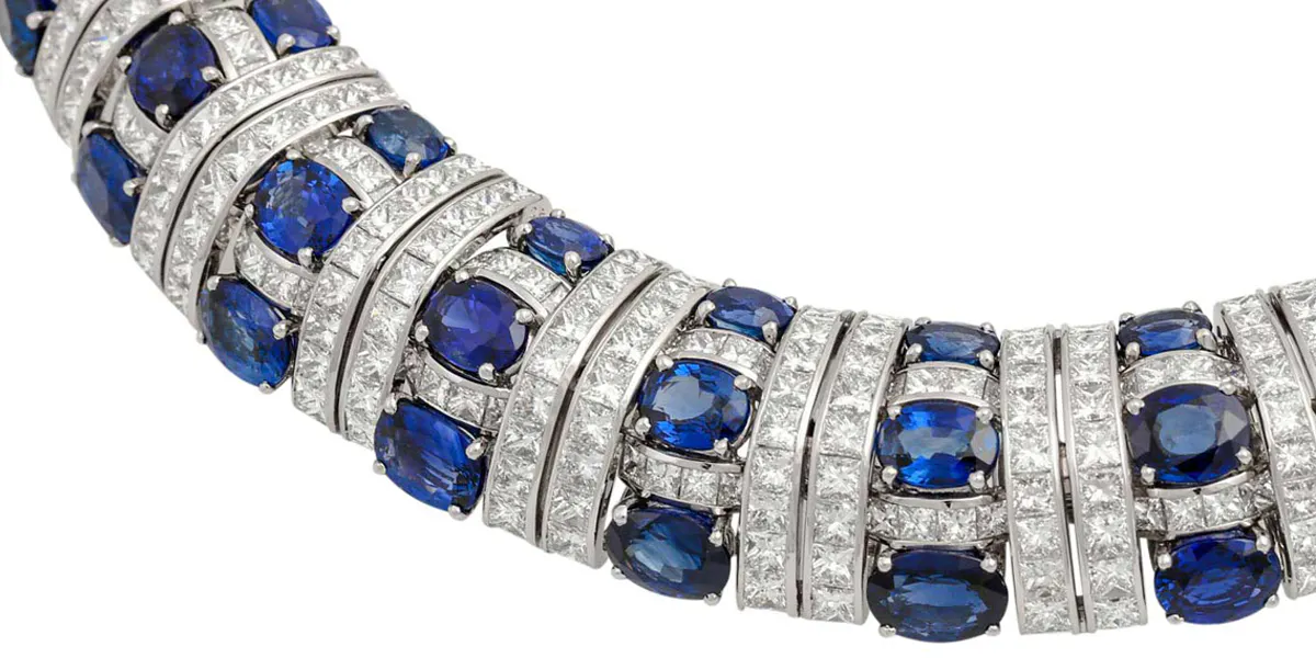 WG necklace with 676 diamonds (total approx. 105 ct) and 78 sapphires (total approx. 115 ct), Popley Dubai, c. 20th/21st century [detail]. Photo © Eppli