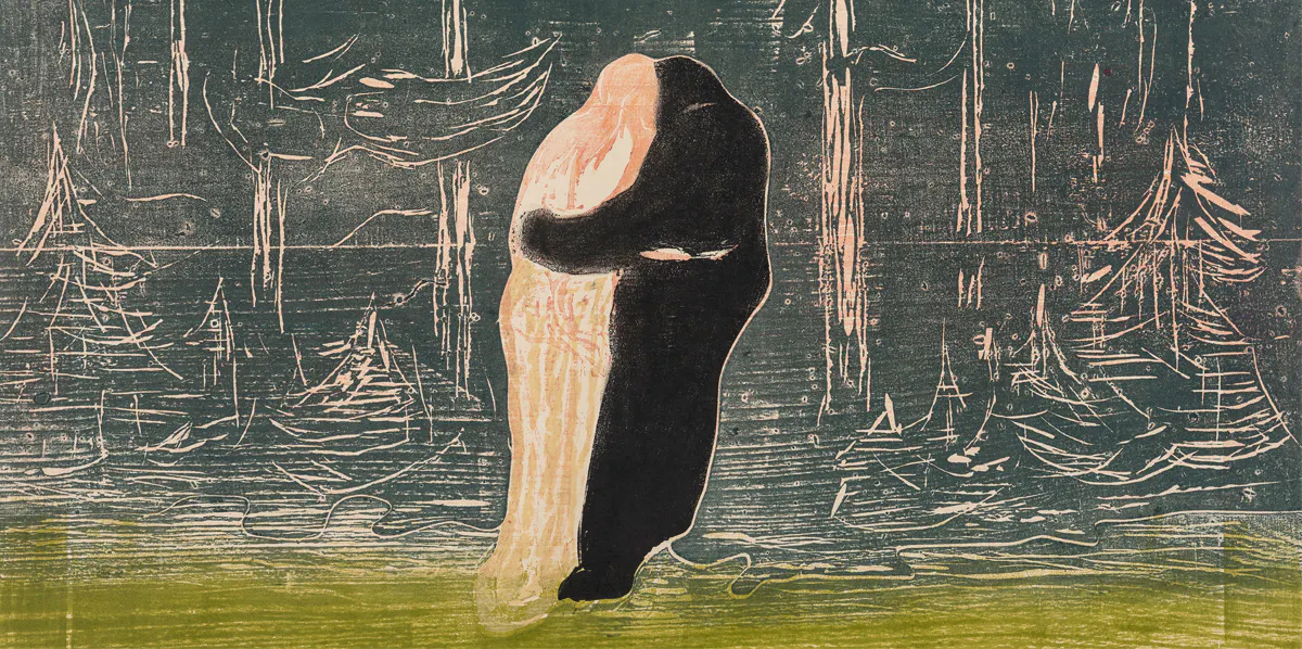 Edvard Munch, ‘Mot skogen’, färgträsnitt i blått, mörkgrönt, rosa, ljusgrönt och svart på papper, 1915, signerad Edv Munch (detalj). Foto: Grev Wedels Plass Auksjoner