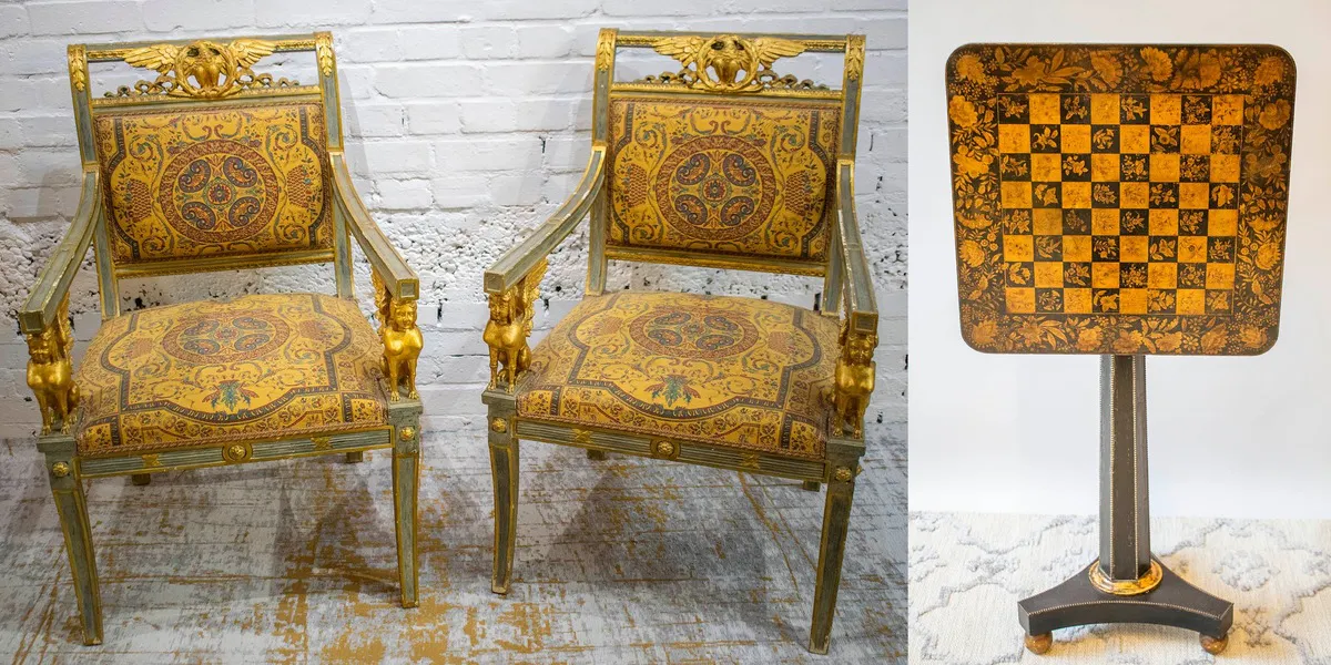 Left: Set of two fauteuils, 63 x 97 x 65 cm. Right: Games table, Regency, japanned floral chessboard on a metal beaded pedestal, 47 x 47.5 x 73 cm. Images © Lots Road Auctions