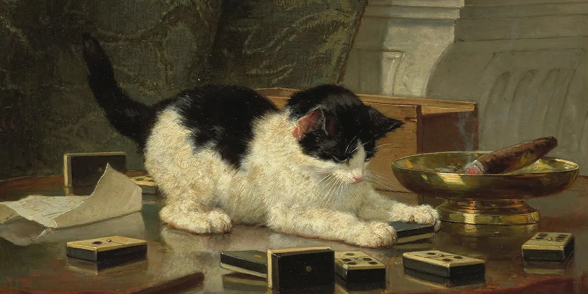 Henriëtte Ronner-Knip (1821-1909), "Katjesspel", ca. 1860-78, Öl/Holz, 32,8 x 45,2 cm, Rijksmuseum, Amsterdam. Foto gemeinfrei (Detail)