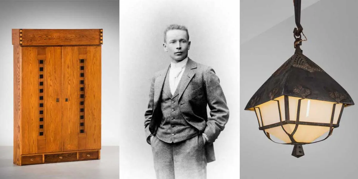 Ein Schrank und eine Lampe von Eliel Saarinen (Fotos: © Annmaris Auctions) und ein Porträt ihres Schöpfers (Foto via Wikipedia)