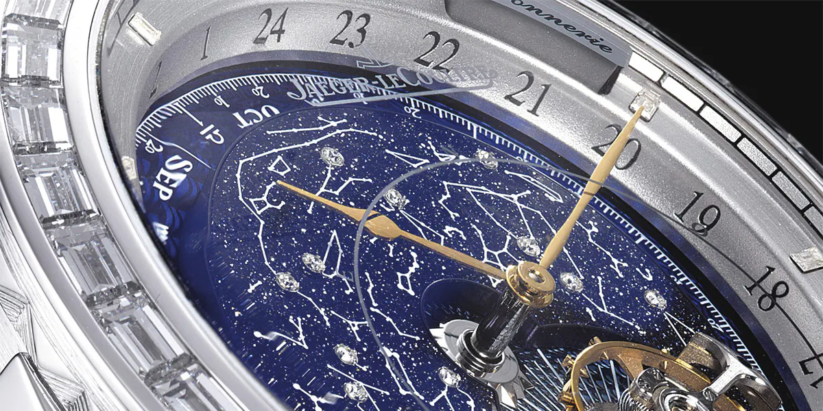 Jaeger-Lecoultre, 18k White Gold and Diamond-Set Minute Repeating Wristwatch With Flying Tourbillon, Sky Chart, Date, Month and 24 Hour Indication [detail]. Photo: Christie's via Barnebys price bank