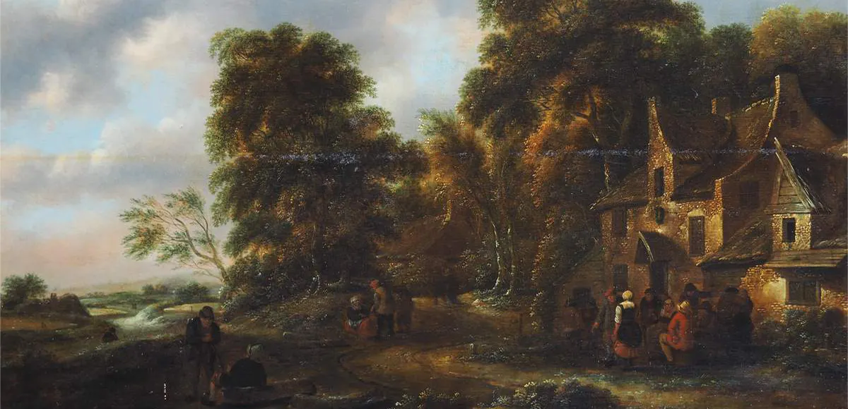 Klaes Nicolaes Molenaer (um 1630 Haarlem 1676), Genredarstellung mit zahlreichen Personen auf einem Platz vor Gehöft/Rasthaus, Öl/Eichenholz, signiert | Foto: © AH Rütten (Detail)