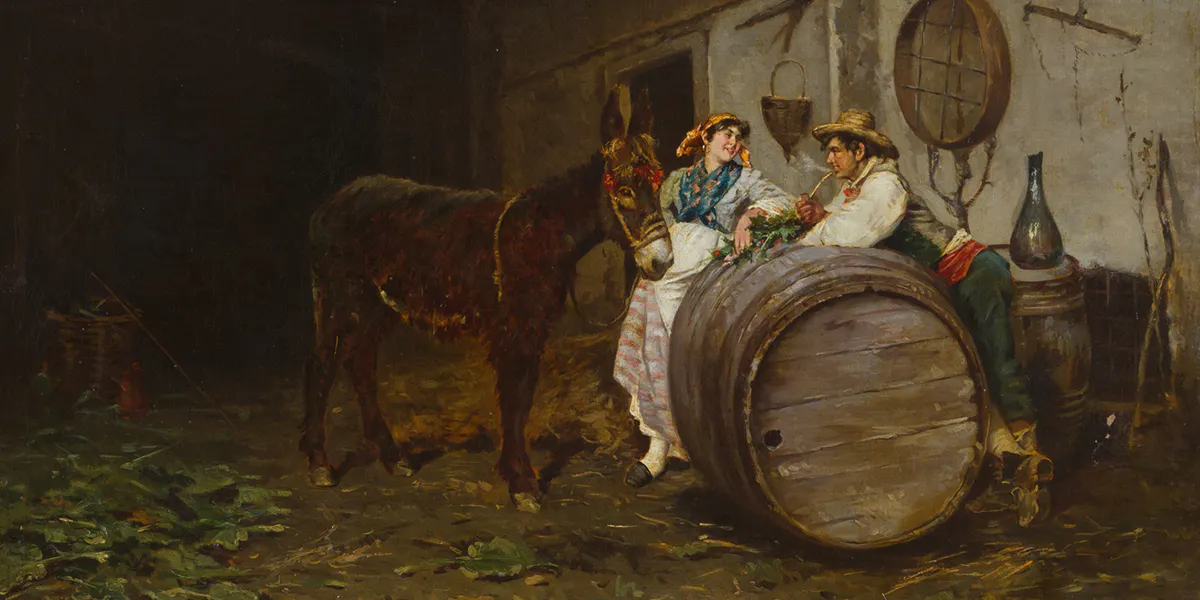 VINCENZO VOLPE (Grottaminarda, 1855 - Napoli, 1929). Dipinto olio su tela raffigurante 'GIOVINCELLI NELLA STALLA CON ASINO'. Firmato in basso a destra. In cornice. Misure: Lung. cm. 73 Alt. cm. 44 ca. Base d'asta: 2.200 €. Val.: 3.000/4.000 €. Foto © Viscontea (dettaglio)