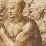 Michelangelo Buonarroti (1475-1564), A nude young man (after Masaccio) surrounded by two figures. Pen and two shades of brown ink, 13 x 7 7/8 in. Image © Christie's (detail)