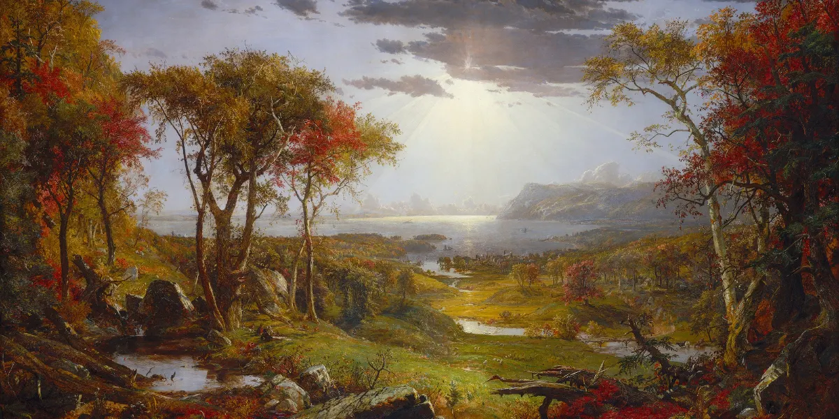 Jasper Francis Crospey, Autunno - Sul fiume Hudson. 1860, olio su tela. Galleria nazionale d'arte. Immagine di pubblico dominio (dettaglio)