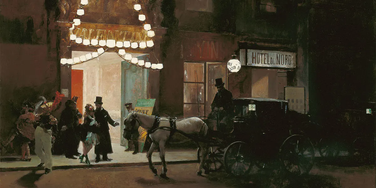 Salida del baile de máscaras, Raimundo Madrazo, 1885 circa, olio su cartone, 49 × 80,5 cm, Museo Carmen Thyssen, Malaga. Immagine di dominio pubblico
