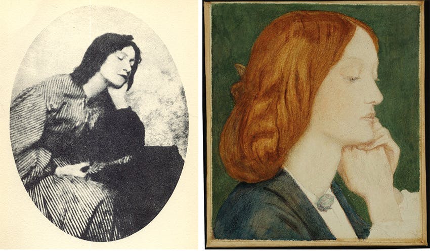 Gauche : Elizabeth Siddal vers 1860 / Droite : Dante Gabriel Rosetti, portrait d'Elizabeth Siddal, vers 1854, images CCØ
