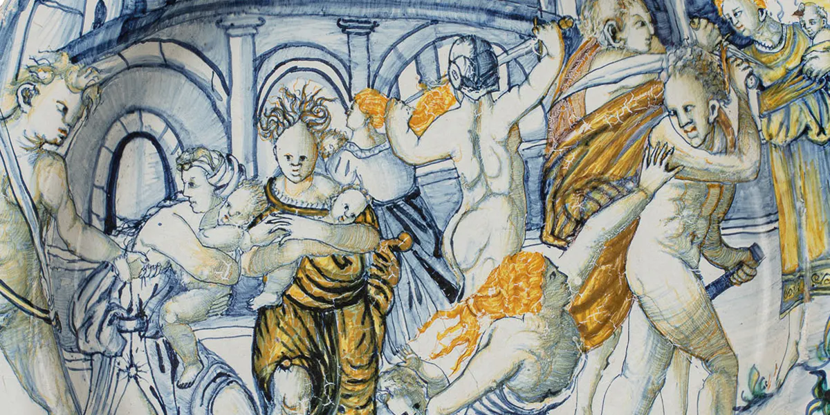 BACILE IN MAIOLICA, CASTELLI, META’ DEL XVI SECOLO decorato con la scena della Strage degli Innocenti da Raffaello Sanzio attraverso Marcantonio Raimondi. Alt. cm 4, diam. cm 43,5. Lotto 70. Stima € 30.000 - 40.000. Foto © Wannenes (particolare)