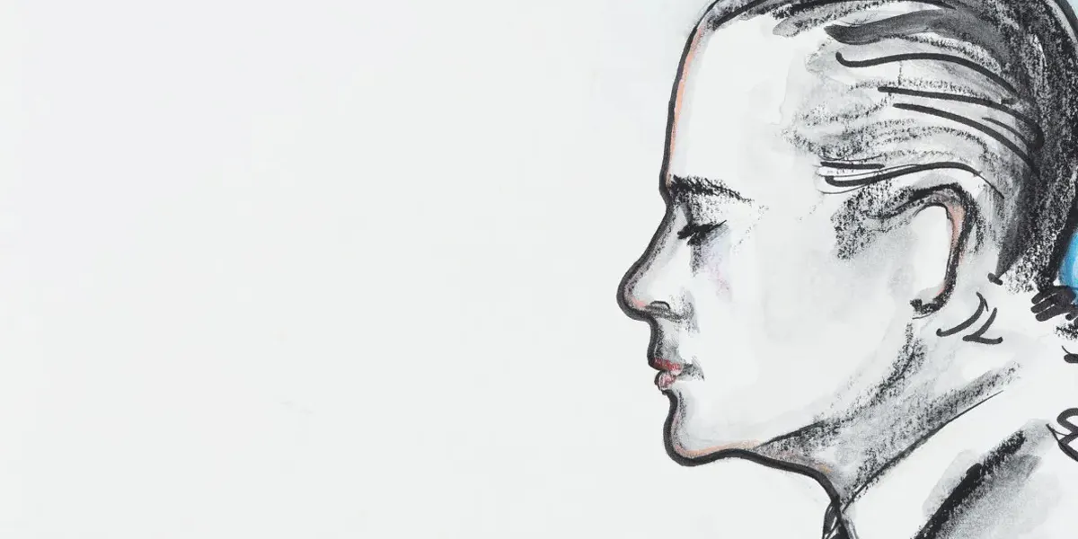 Karl Lagerfeld, Autoportrait, New York, octobre 1986, crayon gras, feutre, aquarelle sur papier. Photo © Sotheby's (détail)
