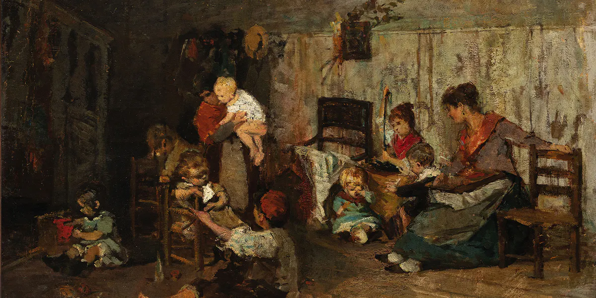 Alessandro Milesi, "La nidiata", Venezia, 1856 - 1945, olio su tela, cm 49 X 73 (dettaglio), firmato Venezia A Milesi e datato 1886 in basso a destra. Lotto 1320. Stima € 4,000 - 6,000. Foto © Wannenes