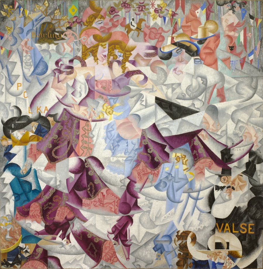 Gino Severini (1883-1966), Dynamic Hieroglyphic of the Bal Tabarin, 1912, oil on canvas with sequins. Museum of Modern Art, New York. Photo in the public domain