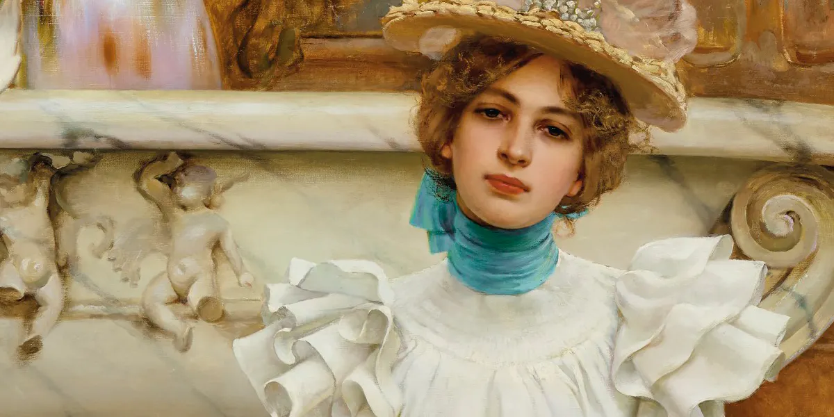 Vittorio Matteo Corcos, Alla fontana (Le due colombe) (dettaglio), 1896, olio su tela, foto © Christie's