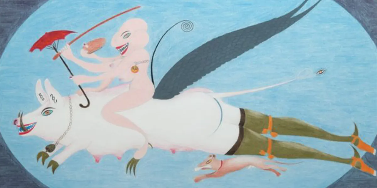 Friedrich Schröder-Sonnenstern (1892 Tilsit - 1982 Berlin), "Die Märchenwundersau vom Kuhdamm", 1949, Ölkreide, betitelt, signiert und datiert, 50 x 72 cm. Foto © Auktionshaus Satow (Detail)