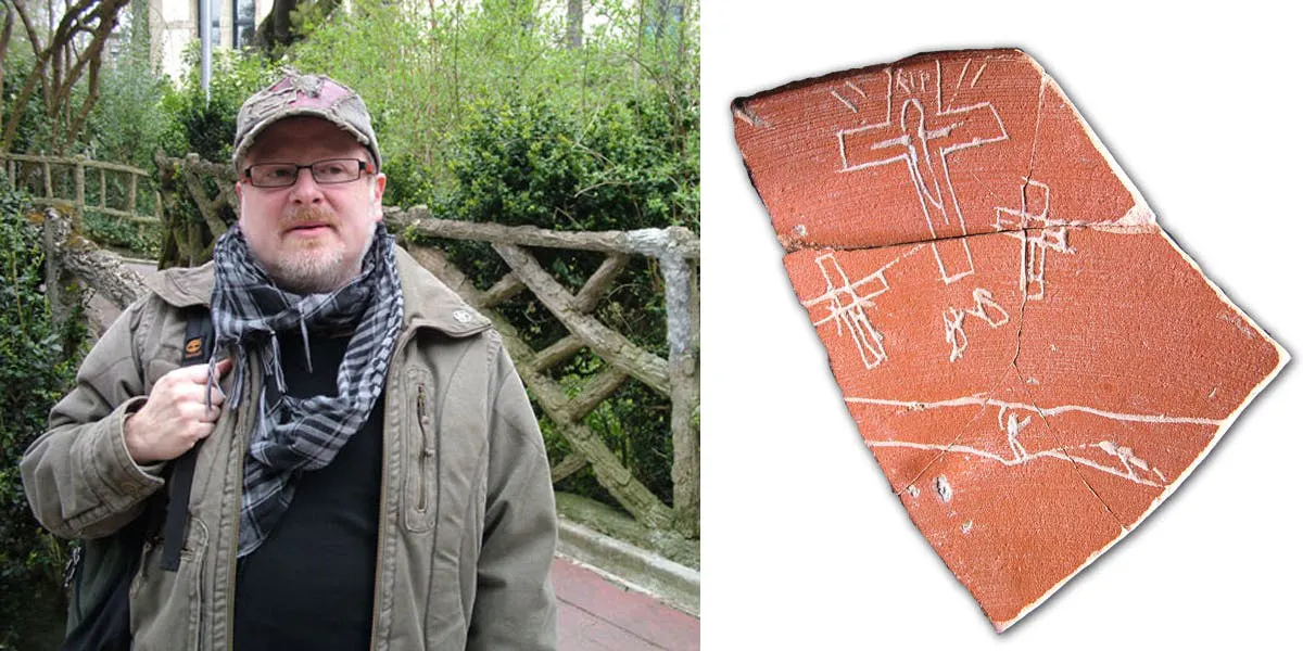 Links: Der spanische Archäologie Eliseo Gil wurde der Fälschung für Schuldig befunden || Rechts: Diese Scherbe sollte angeblich eine der frühesten Darstellung der Kreuzigung Christi tragen | Fotos: © Álava Provincial Government
