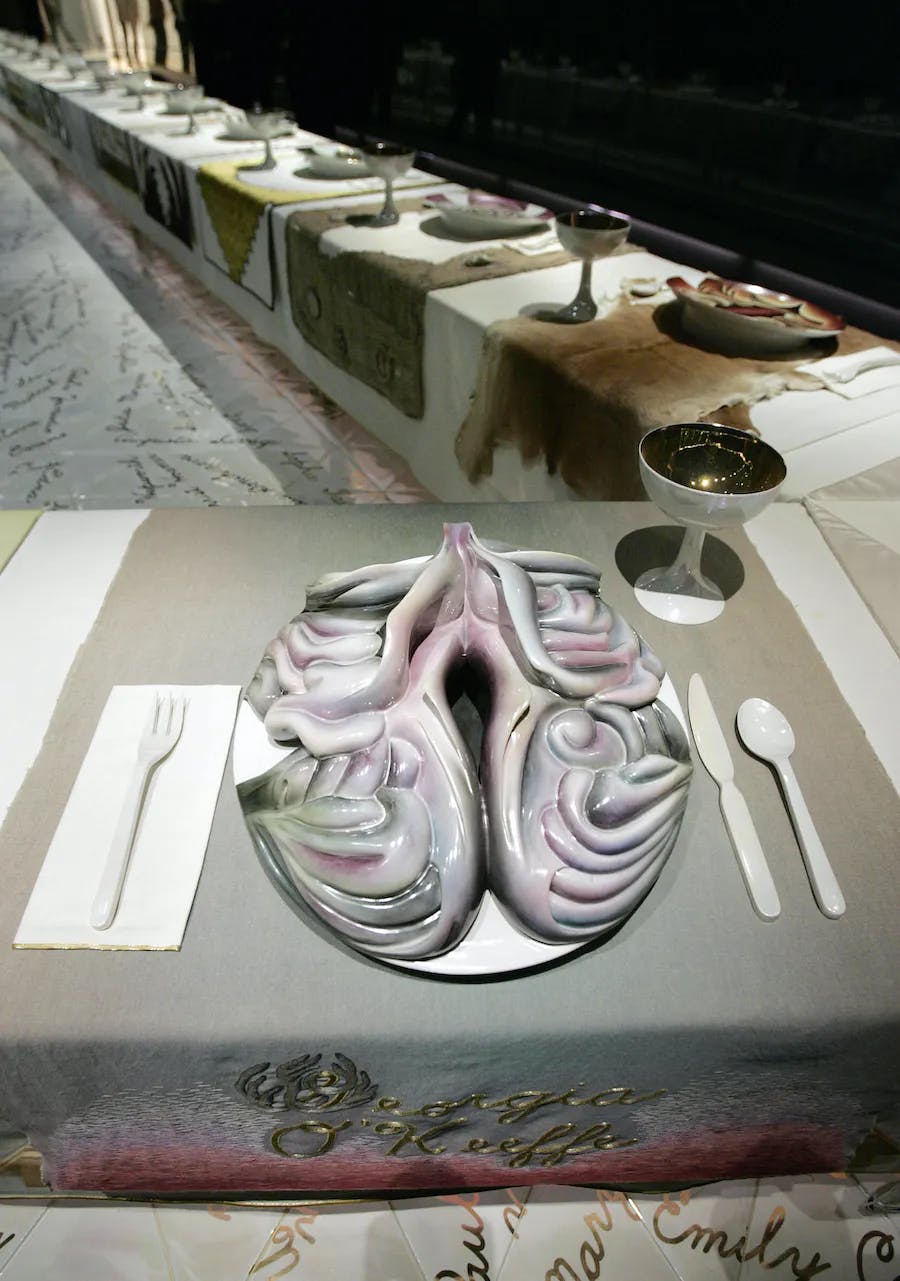 Detail of 'The Dinner Party' (1979), Georgia O'Keeffe's envelope, by American artist Judy Chicago on display March 22, 2007 at the newly opened Elizabeth A. Sackler Center for Feminist Art at the Brooklyn Museum in Brooklyn, New York. Photo STAN HONDA/AFP via Getty Images

