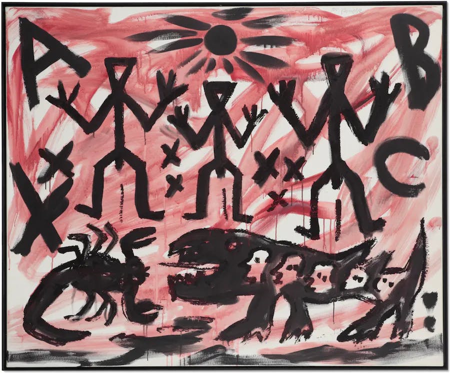 A.R. Penck (1939-2017), Three of Many, 1990, signed, acrylic and screen print on canvas, 160 x 130 cm. Penck took up the title of the film “Three of Many” by Jürgen Böttcher, which was banned in 1961, in a series of screen prints in 1990. Image © Christie's